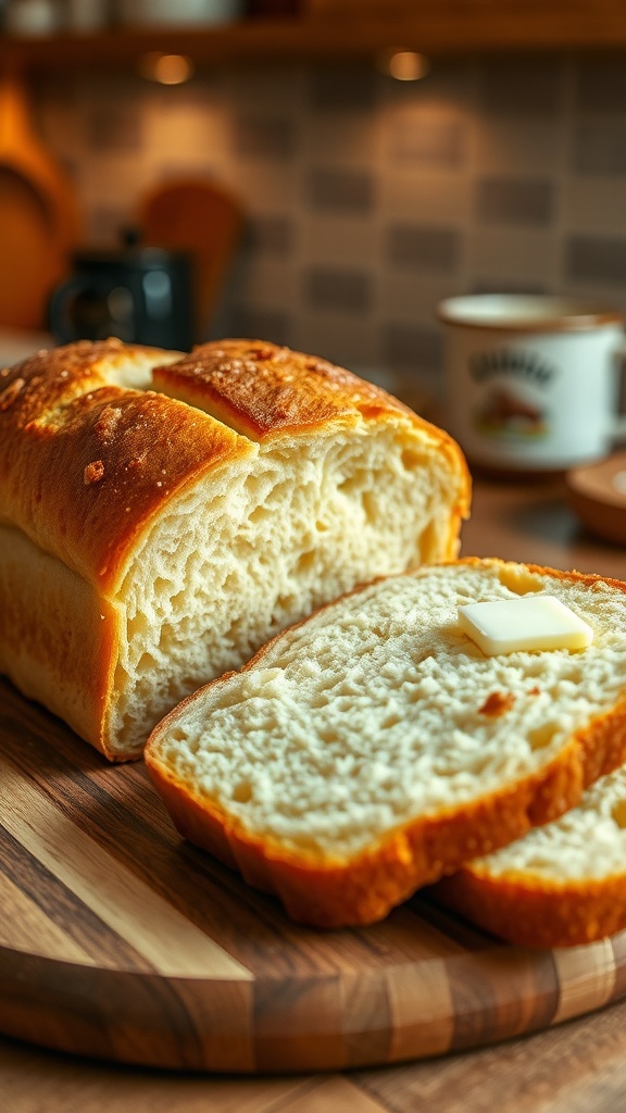 A golden brown loaf of sweet bread sliced on a cutting board with butter.